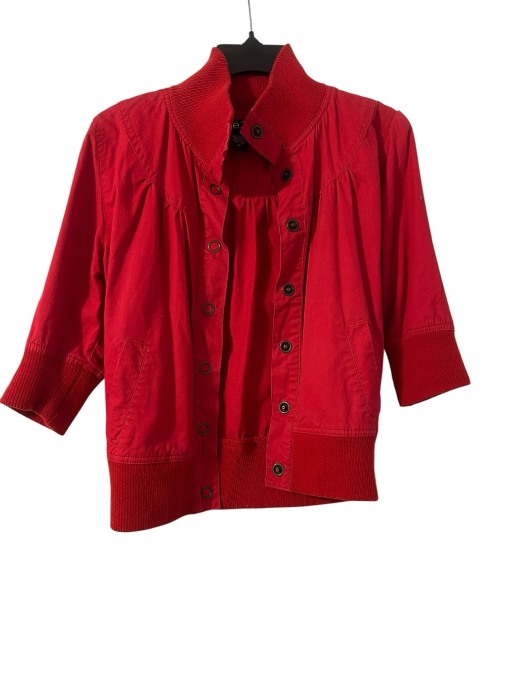 Vintage women's RUE21 red cotton snap closure cropped bomber jacket Size M